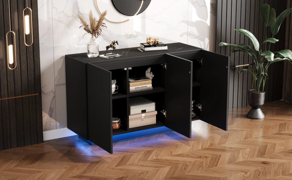 Credenza moderna 120 cm con LED Bluetooth, finitura nera effetto marmo, 3 ante e 6 scomparti