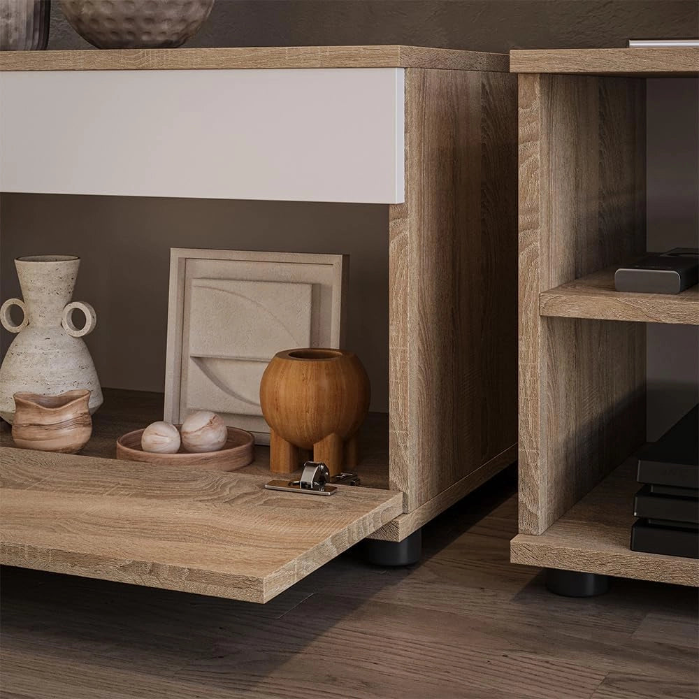 Mobili da soggiorno Berno, Sonoma/Bianco, 2 parti, per la conservazione di dispositivi multimediali e accessori per la casa