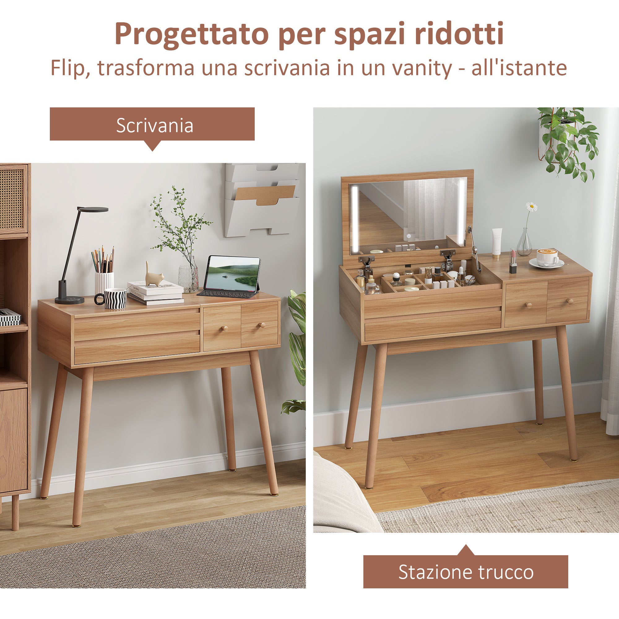 Tavolo da Trucco con Specchio a Luci LED 100x40x87 cm con Organizer Interno Rivestimento in Melamina Noce