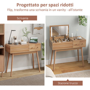 Tavolo da Trucco con Specchio a Luci LED 100x40x87 cm con Organizer Interno Rivestimento in Melamina Noce