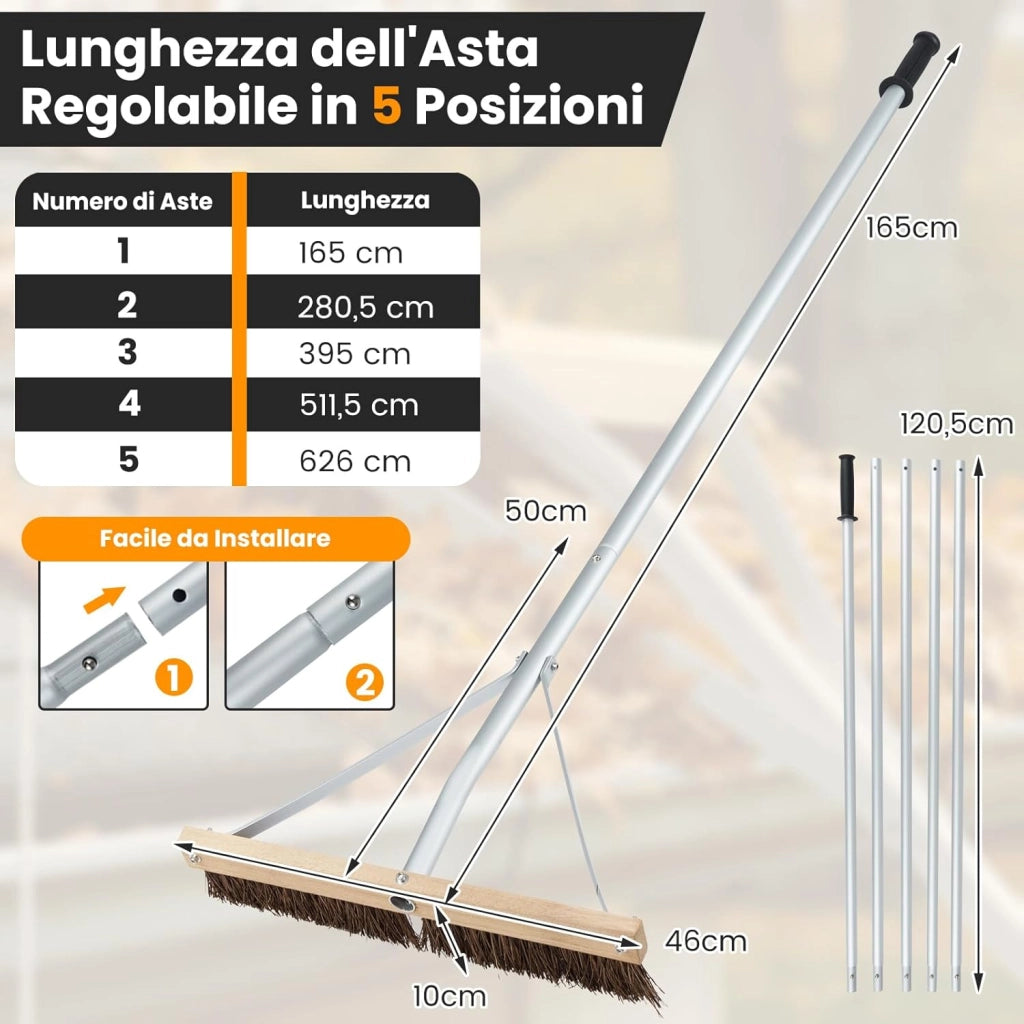 Spazzola per Tetto con Foglie, Scopa da Esterno Regolabile 165-626 CM con 5 Aste di Estensione in Alluminio Leggero, Rastrello per Tetto per Rimuovere Foglie, Aghi e Pigne