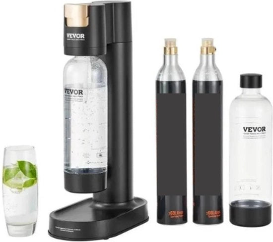 Apparecchio per creare acqua frizzante - Produzione di acqua frizzante - Macchina per acqua frizzante - Automa di acqua frizzante - Acqua con anidride carbonica - Compreso 2 flaconi d'acqua da 1L e 2 flessi di gas CO2, escluso il gas - Nero