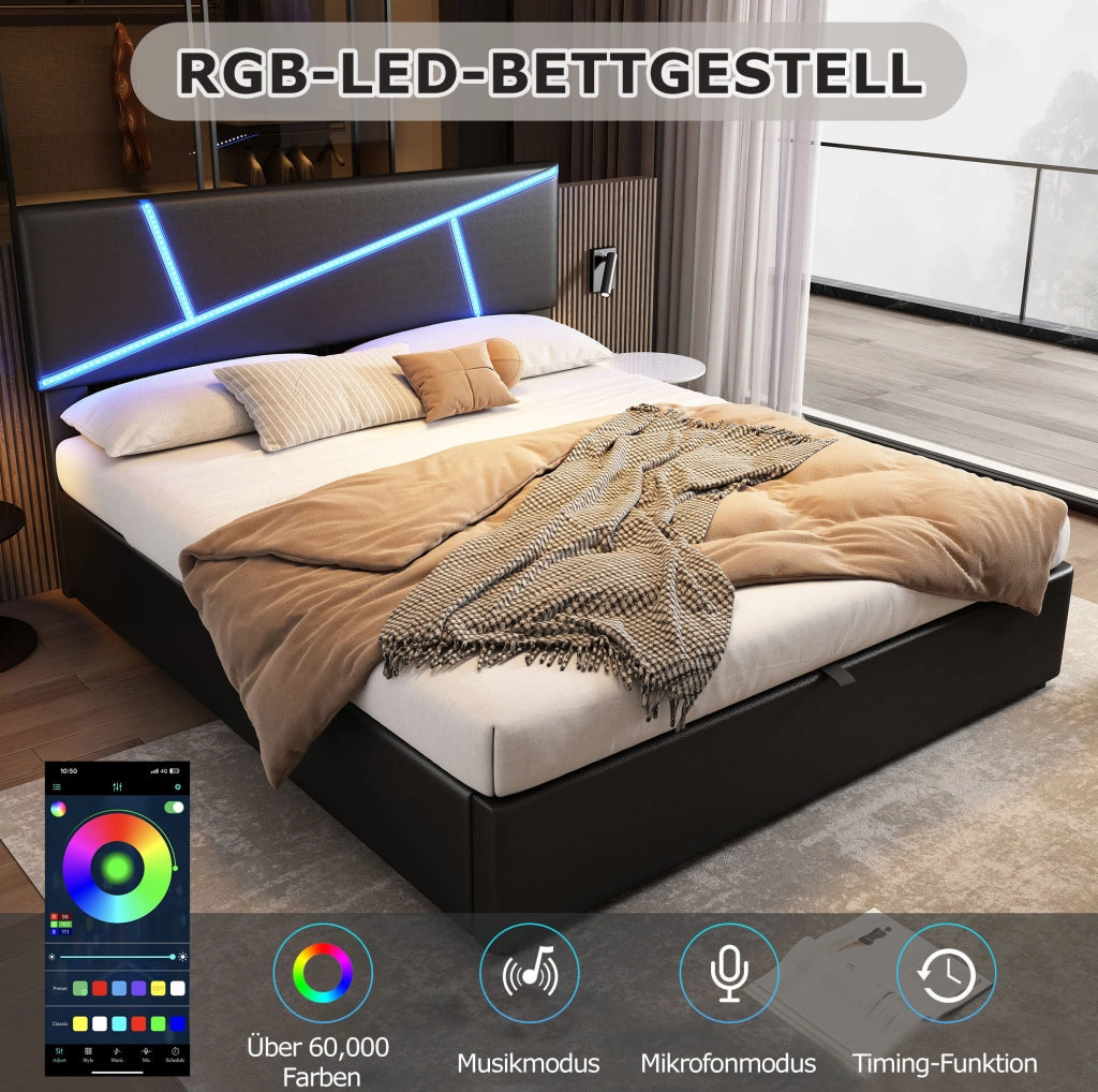 Letto matrimoniale imbottito con LED e contenitore 140x200 cm; in PU nero