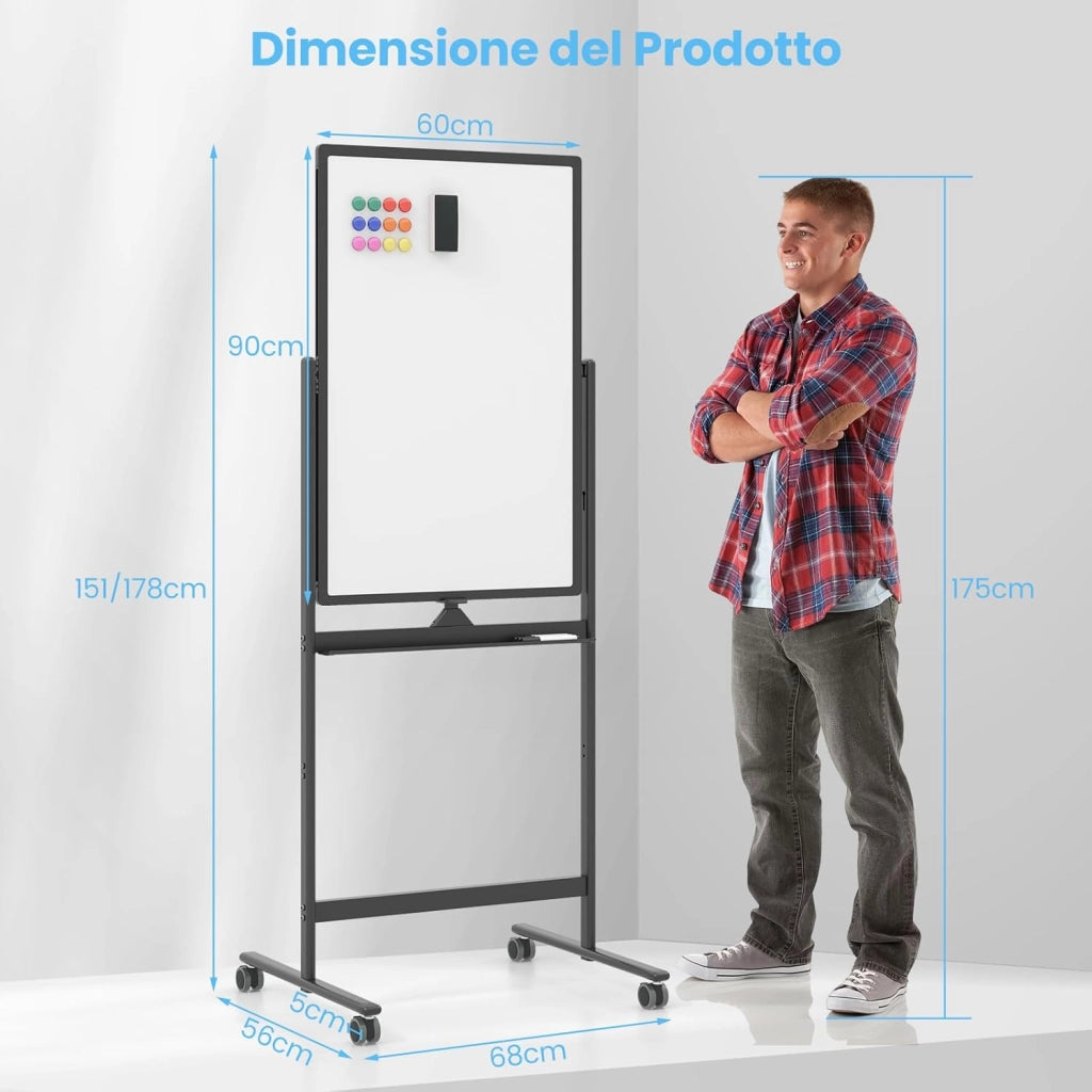 Lavagna Bianca Portatile con Ruote, Lavagna Bianca Regolabile in Altezza, Lavagna a Secco Reversibile per Scuola, Ufficio, Casa (nero)