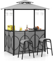 Set Bar da Patio a 3 Pezzi, Gazebo per Griglia e 2 Sgabelli da Bar con Tavolo in Vetro Temperato, Ripiani in Metallo, Portabicchieri, per Giardino Cortile e Spiaggia (Grigio)