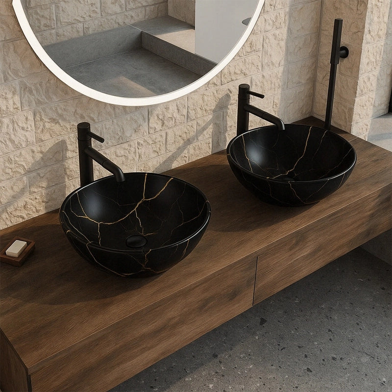 Lavabo da appoggio in ceramica, nero opaco con venature marmorizzate, ovale, 41x34,5 cm