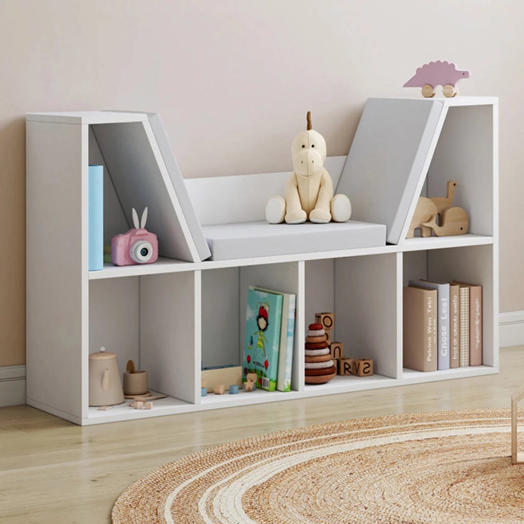 IDMarket - Libreria panca OSCAR 6 scomparti con cuscini grigi 102 cm bianco
