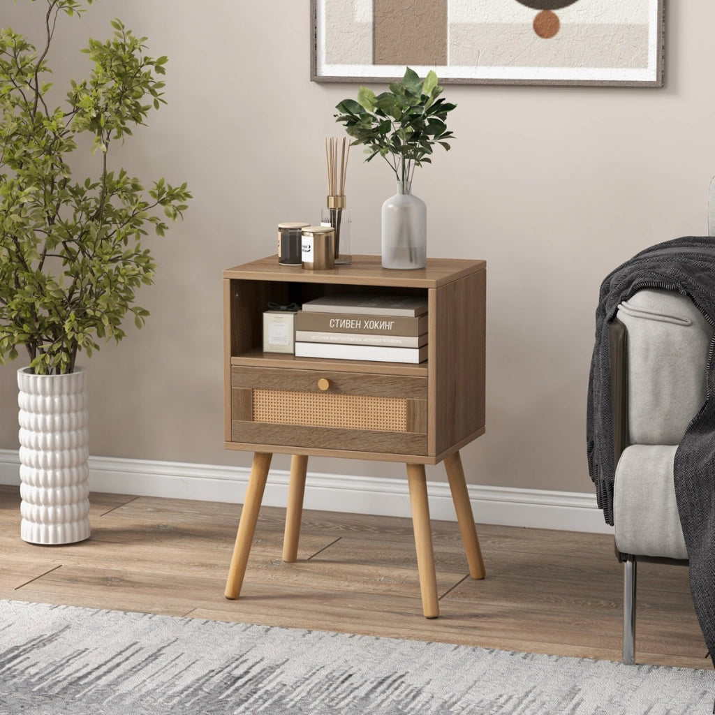 Comodini in rattan con cassetto tavolini laterali stile boho da letto-Tavolino da notte-Comodini in legno per soggiorno Naturale