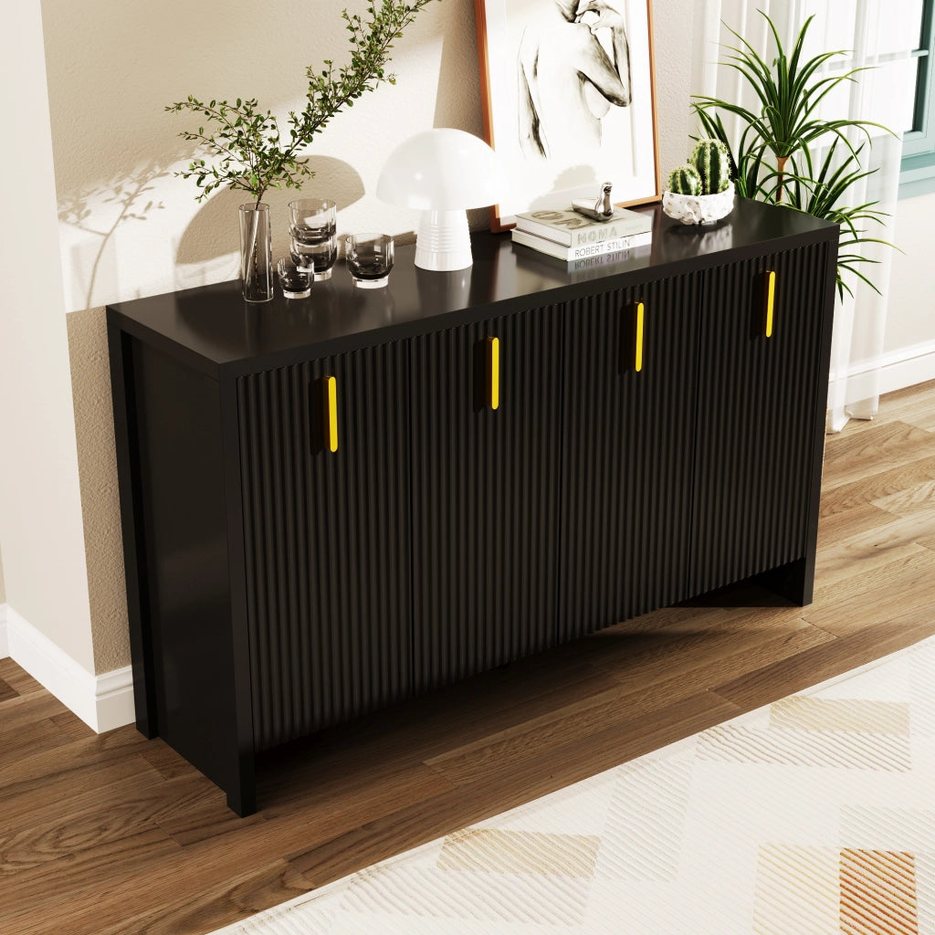 Credenza con 4 Ante e Ripiani Regolabili; Maniglie Dorate; Stile Moderno; in Pannello Truciolare; 140??38??80 cm; Nero