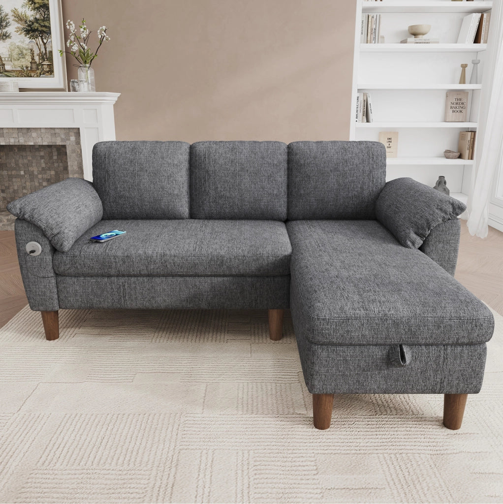 Divano angolare a L con chaise longue reversibile; USB/Type-C; chenille grigio chiaro 181x125x88 cm