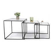 SET DI TRE TAVOLINI QUADRATI CONSTRUTTURA IN METALLO NERO E TOP IN MDF EFFETTO MARMO MISURE: 35X40CM, 40X45CM, 45X50CM