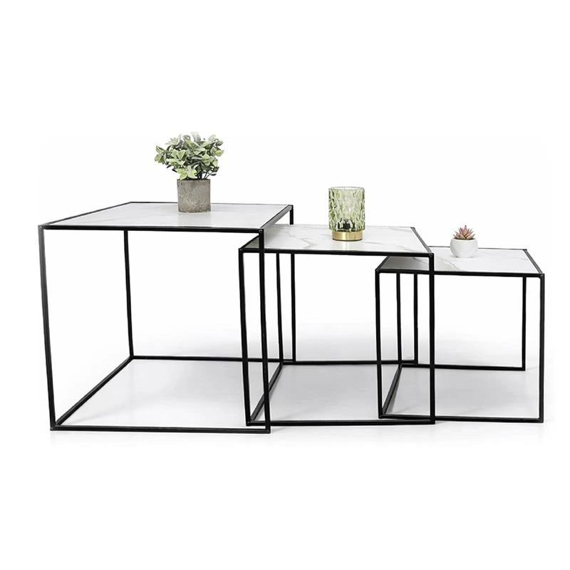 SET DI TRE TAVOLINI QUADRATI CONSTRUTTURA IN METALLO NERO E TOP IN MDF EFFETTO MARMO MISURE: 35X40CM, 40X45CM, 45X50CM