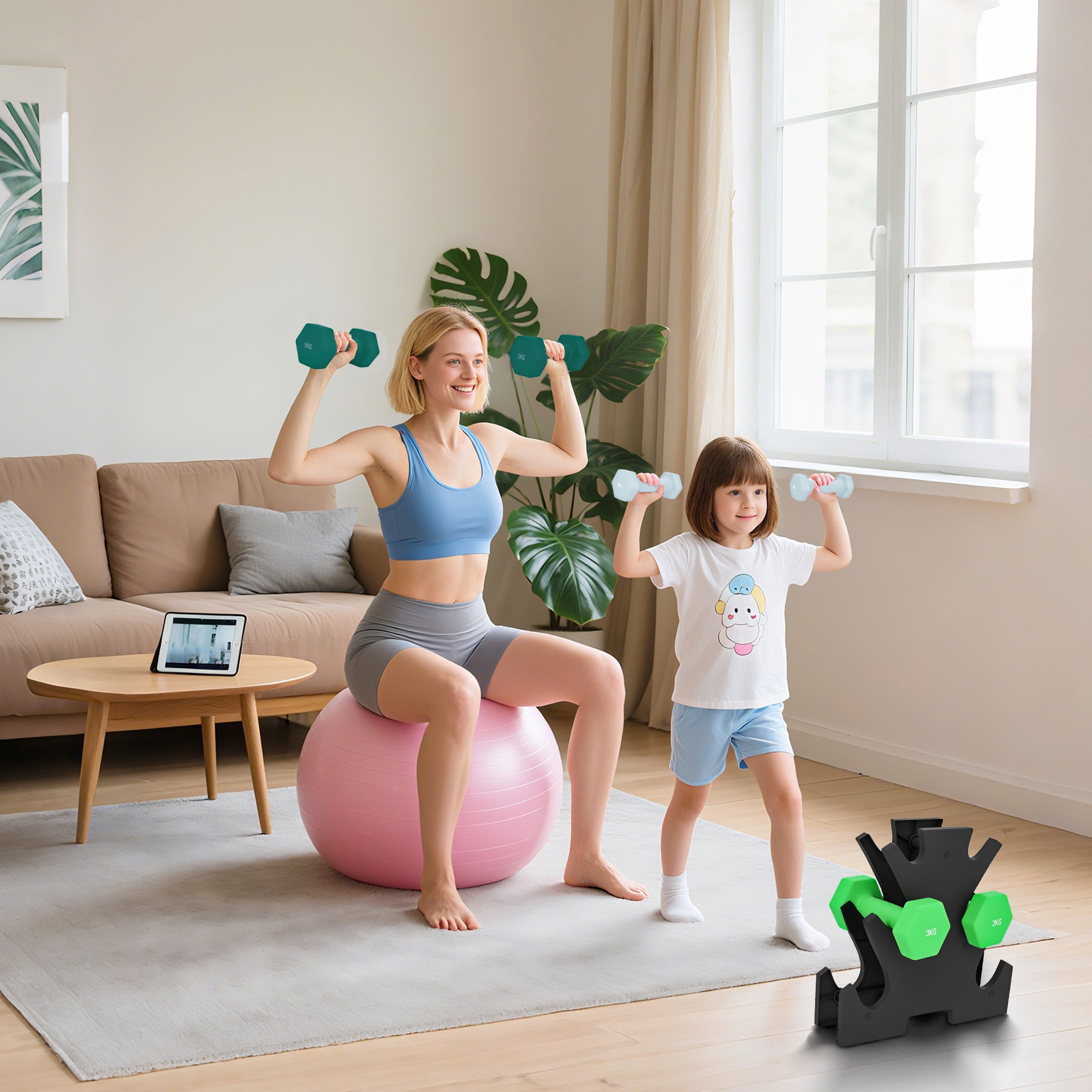 Kit Pesi Esagonali da 18 kg Totali con Supporto Incluso in Acciaio Metallo e Plastica Verde e Nero