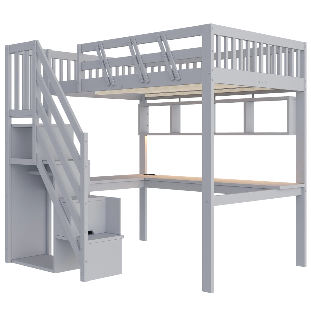 Letto a soppalco ULEVR 140x200 cm con scrivania, scala contenitore, LED e presa USB, grigio