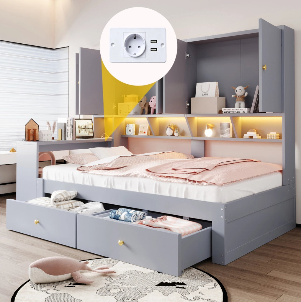 Letto 90x200 cm con scrivania, LED, prese e cassetti in compensato e MDF grigio