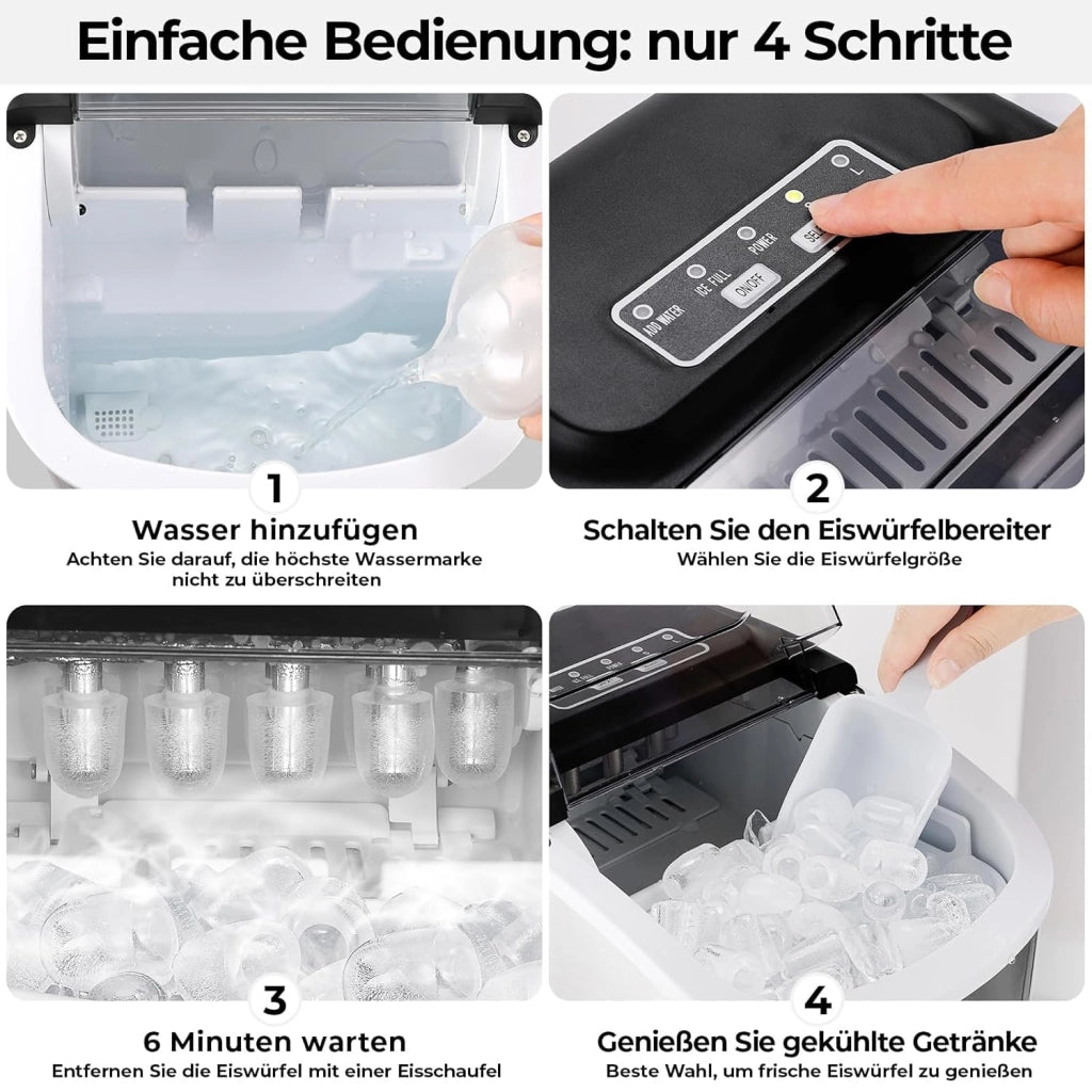 Macchina Ghiaccio, Macchina Ghiaccio Casa 12kg/24h, 9 Cubetti di Ghiaccio in 6 Minuti, 2 Dimensioni di Ghiaccio, Macchina del Ghiaccio Autopulizia, Macchina per il Ghiaccio con Maniglia/Cestello/Pala