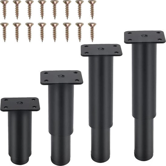 Piedini per mobili adattabili 4 pezzi - 12-18 cm - Piedini metallici - Credenze, sedie, comodini, mensole - Viti in acciaio inossidabile - Nero