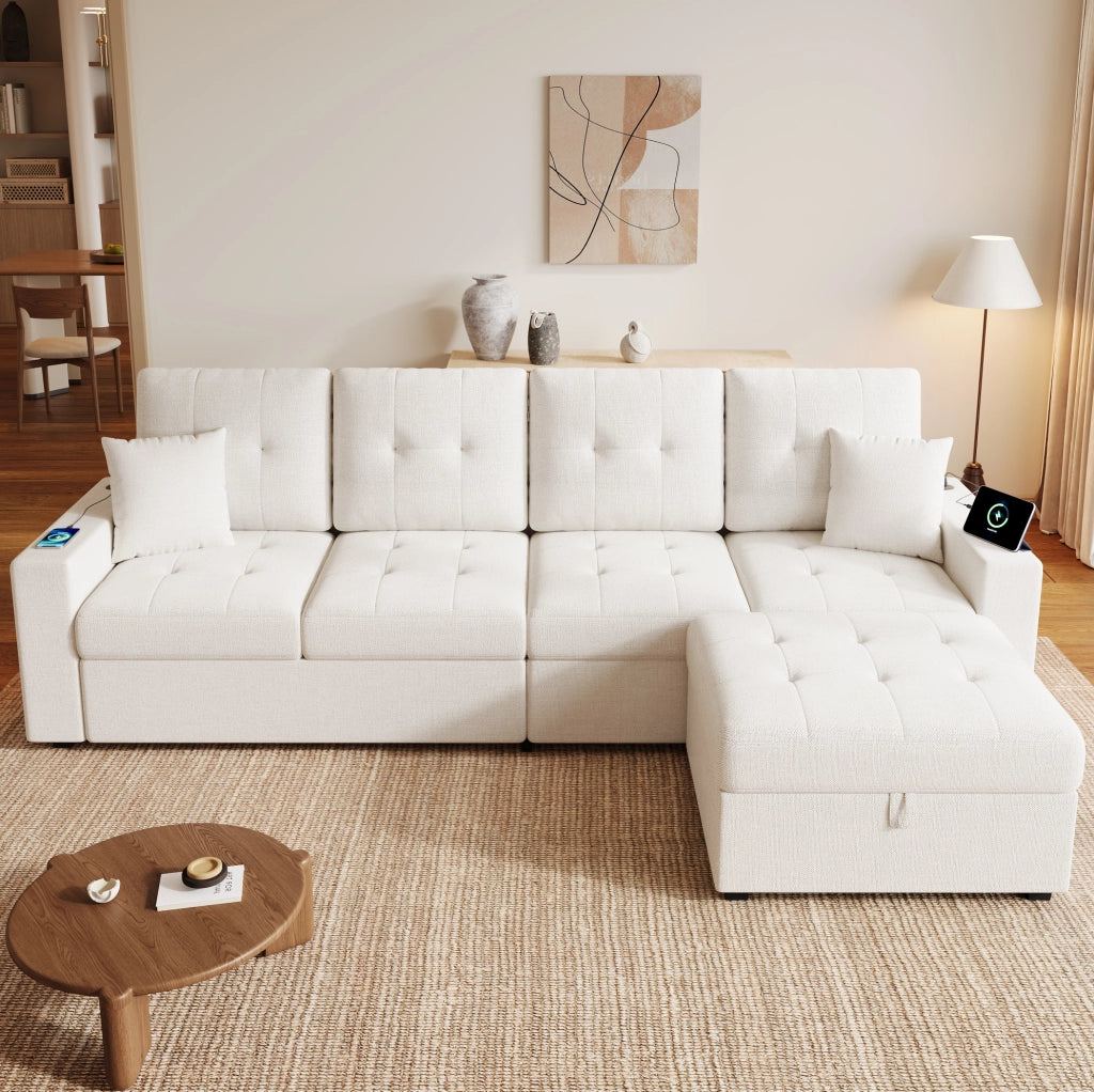 Divano angolare modulare 4 posti beige con pouf contenitore, USB-C e LED