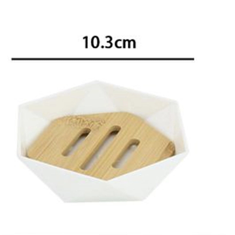 Trade Shop - Piattino Porta Sapone Saponetta Forma Esagonale Geometrico Bianco Legno Da Bagno 10838 -