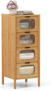 Cassettiera a 4 Cassetti in Bambù e Vetro, Cassettiera Alta per Camera da Letto, Credenza Salvaspazio per Soggiorno, Ingresso e Corridoio, 40 x 40 x 97 cm, Naturale