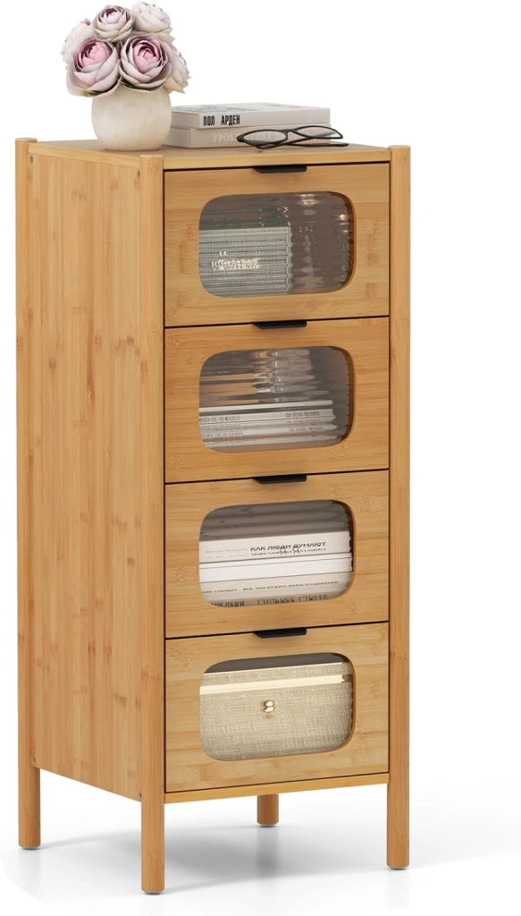 Cassettiera a 4 Cassetti in Bambù e Vetro, Cassettiera Alta per Camera da Letto, Credenza Salvaspazio per Soggiorno, Ingresso e Corridoio, 40 x 40 x 97 cm, Naturale