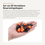 Sistema di Irrigazione con Regolabili Boccette di Goccia - 50 Boccette - Estensibili - Bocchetta - Sistema di Risparmio d'Acqua - Per Tubi di 4 mm / 7 mm - Inclusi Connettori a T - Sistema di Irrigazione