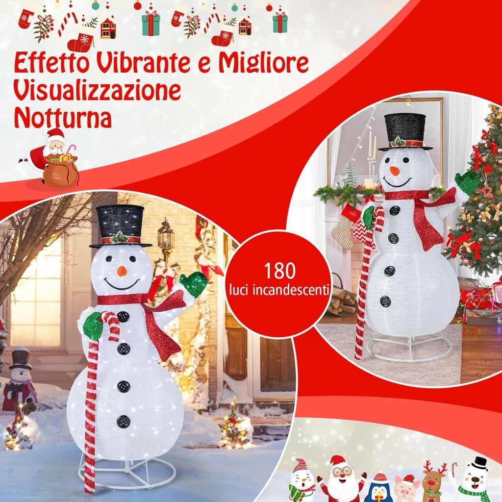 Pupazzo di Neve Luminoso da 150 cm, Decorazione Natalizia con 180 Luci LED, Cappello, Sciarpa, Decorazione Natalizia per Interni ed Esterni per Feste, Balcone, Giardino