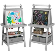 Outsunny Cavalletto per Bambini 3 in 1 con Lavagna Bianca Magnetica, Lavagna per Gessetti, Rotolo di Carta, 2 Cestini, 3-6 Anni, Grigio