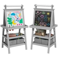 Outsunny Cavalletto per Bambini 3 in 1 con Lavagna Bianca Magnetica, Lavagna per Gessetti, Rotolo di Carta, 2 Cestini, 3-6 Anni, Grigio