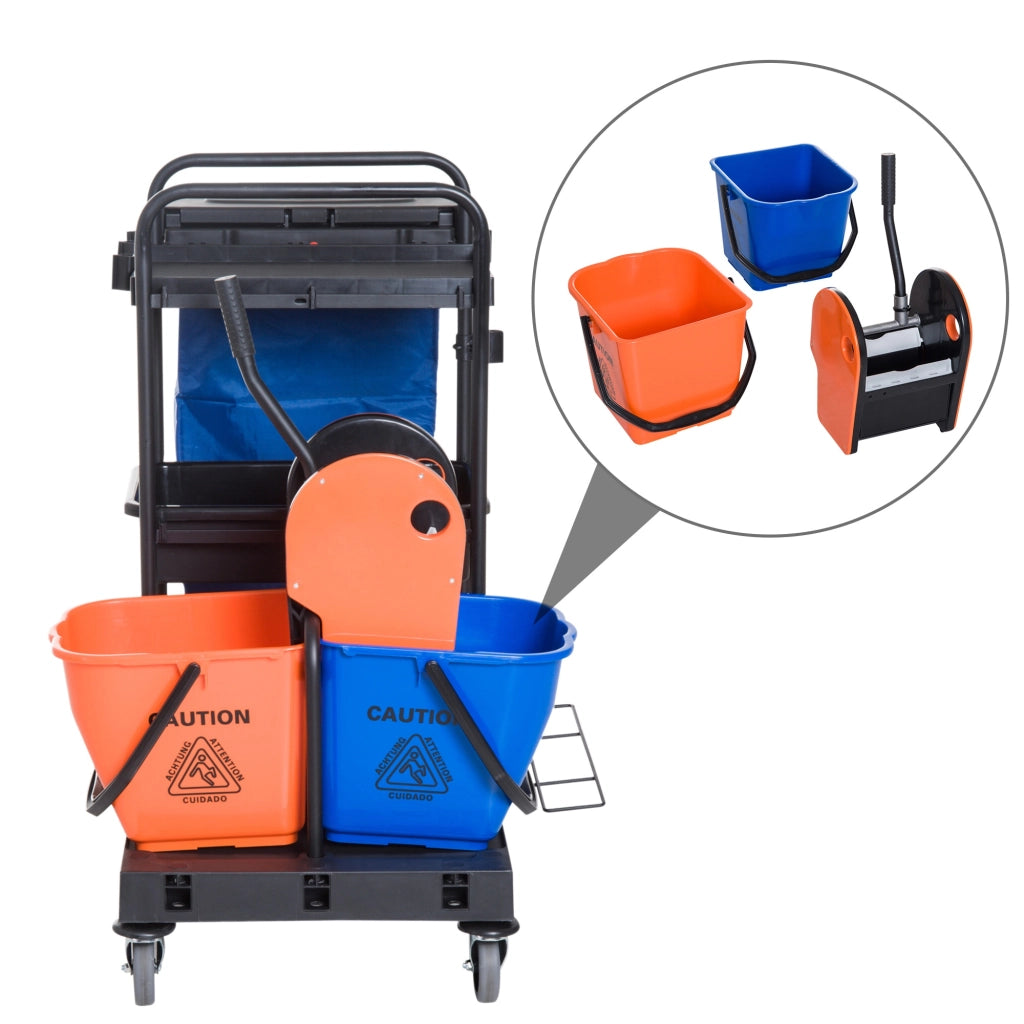 EasyComfort Carrello Pulizie Professionale a 3 Ripiani con Sacco per Immondizia, Ganci per Scopa, Secchio Lavapavimenti con Strizzatore per Mocio e 5 Ruote, per Hotel e Albergo, 111x63.3x103 cm, Nero