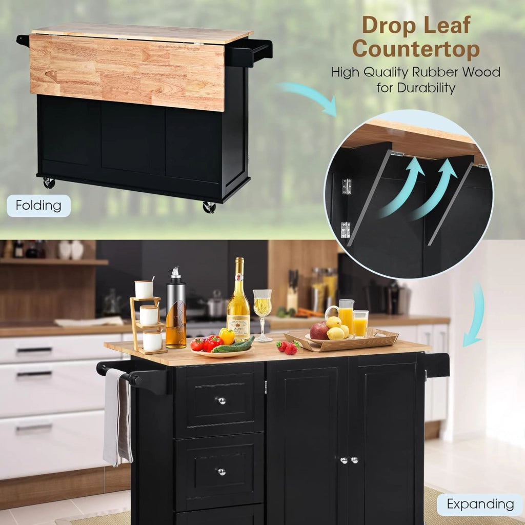 Carrello da Cucina, Credenza Mobile Salvaspazio, Ruote con 2 Freni, Piano Pieghevole, 2 Ripiani Regolabili, 3 Cassetti, 2 Ante, Portaspezie e Portasciugamano, 111x76x91 cm, Nero