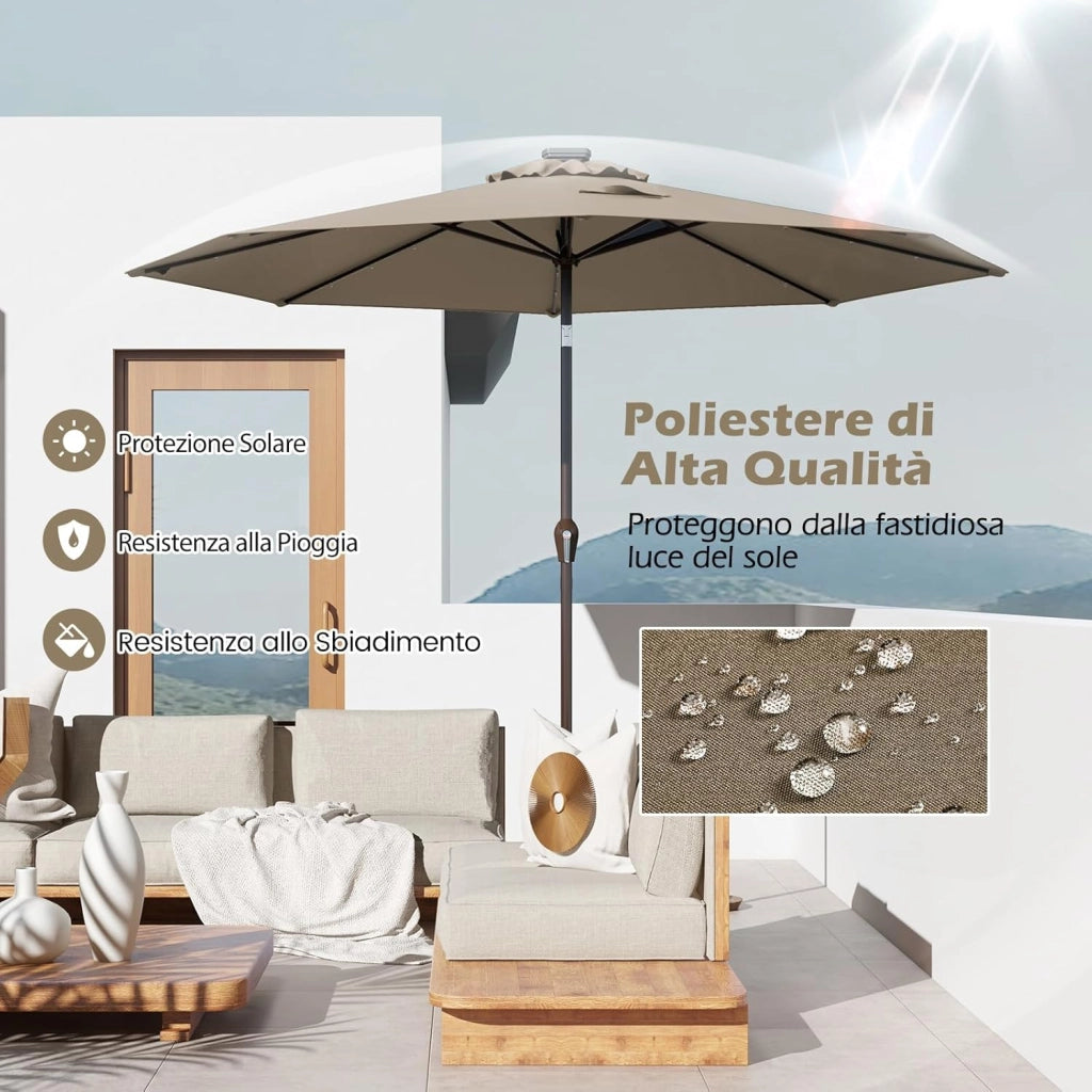 Ombrellone da Giardino con LED Luci Ø300 cm, Parasole da Esterno Ombrello da Spiaggia (Marrone)