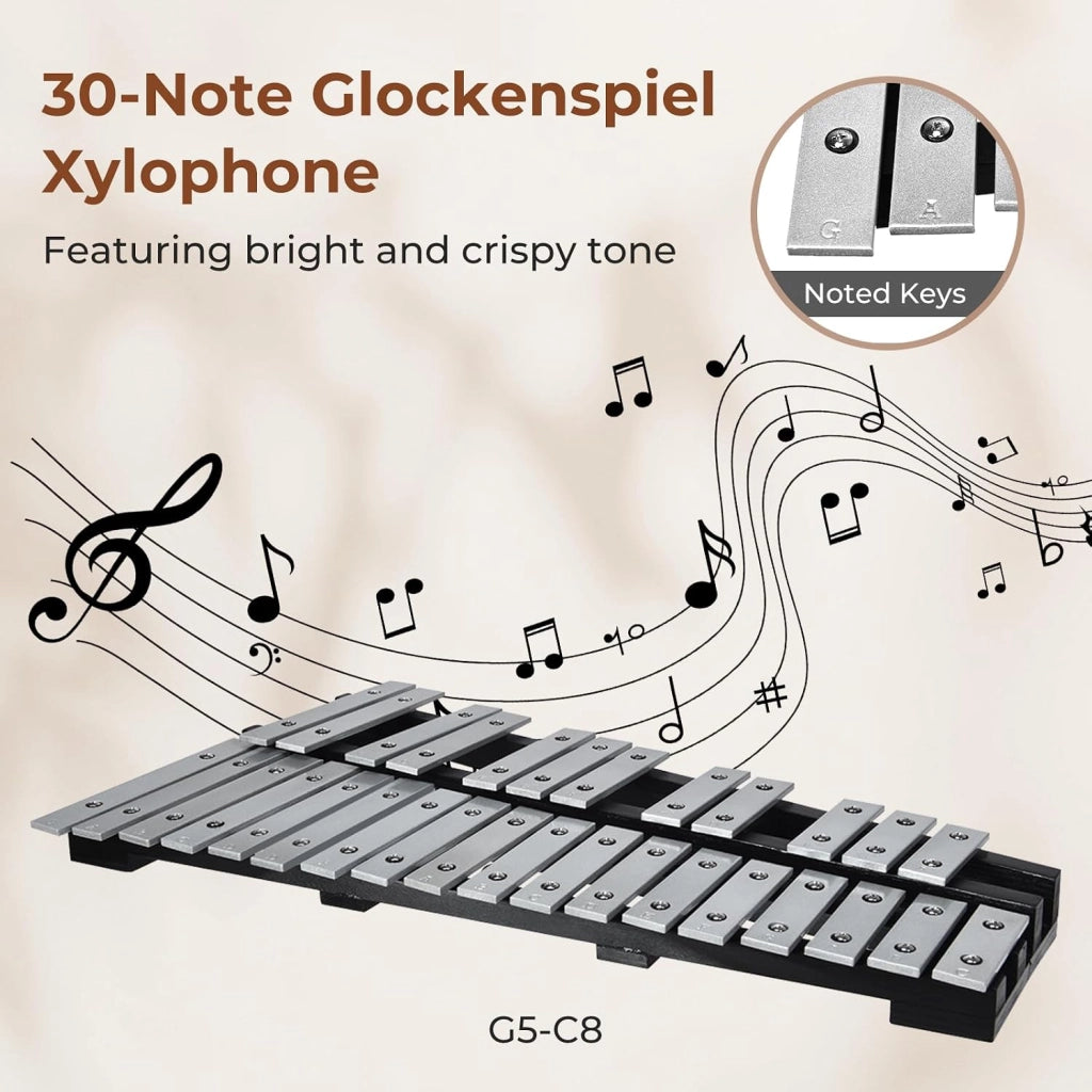 Xilofono 30 note, carillon con tasti in metallo e 2 bacchette, strumento a percussione a mano, con custodia per il trasporto, strumento musicale per bambini e adulti