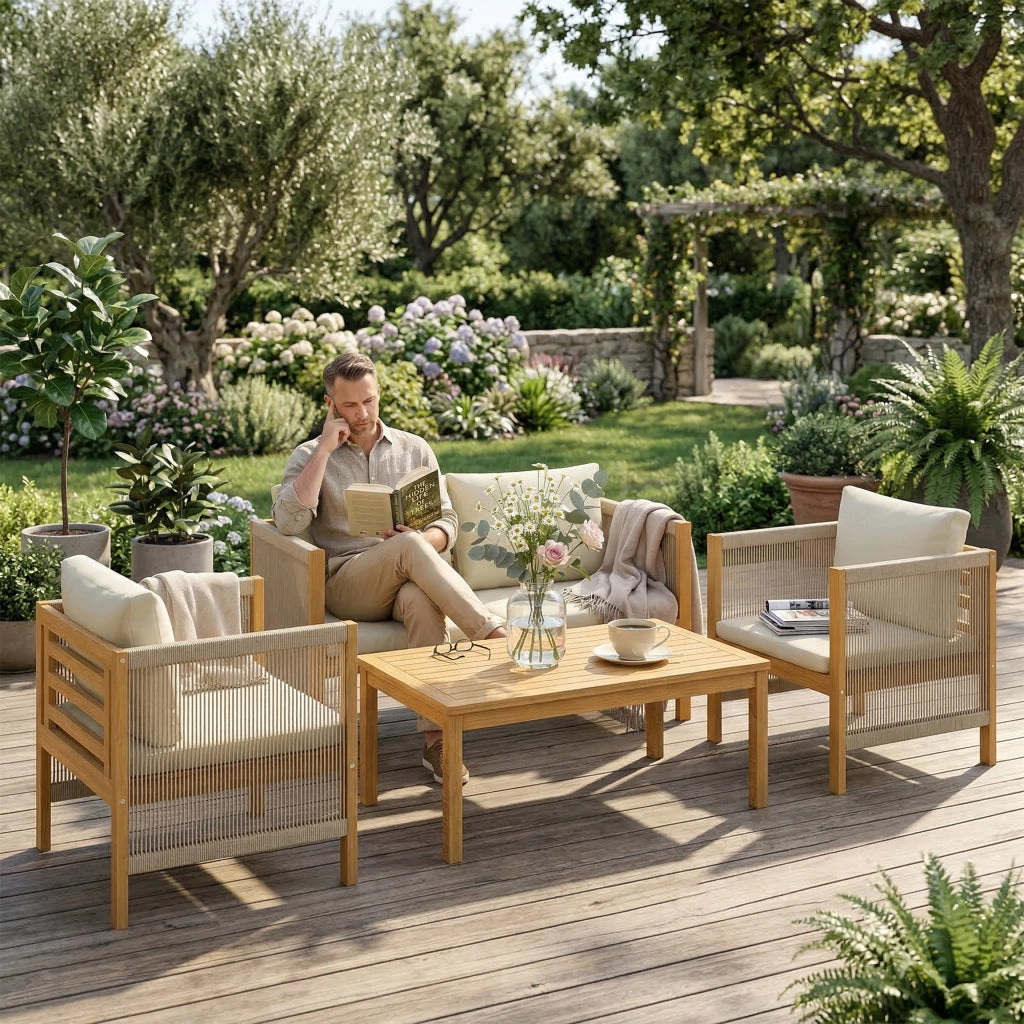Set Giardino 4 Pezzi Legno Acacia Cuscini Esterni ¨C zephmum ¨C Corde Tessute Naturali