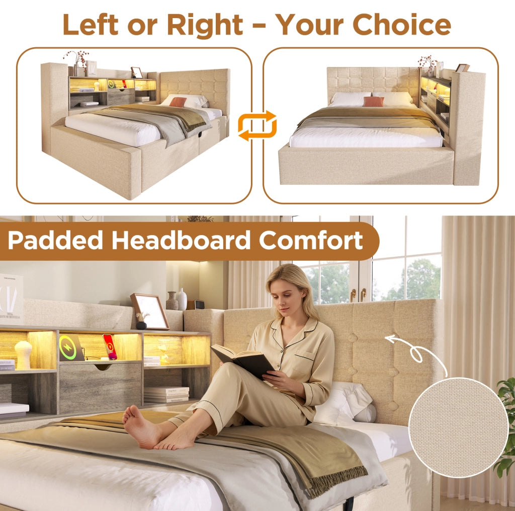 Letto imbottito ULEVR 90x200 cm con contenitore idraulico, LED e ricarica USB/USB-C, beige