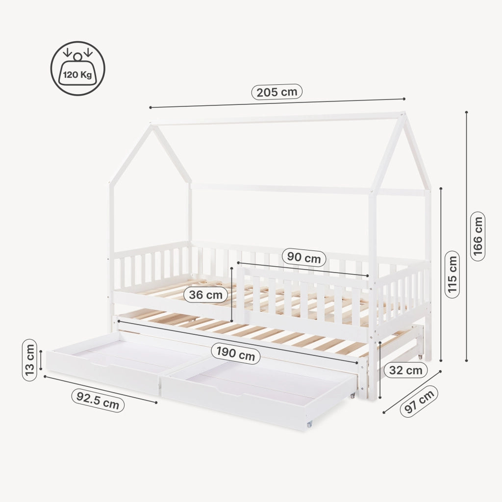 Letto a Casetta per Cameretta Aarghonmaa in Legno di Pino con Letto Estraibile 1 Materasso 90x200 cm e 2 Cassetti - Bianco [en.casa]