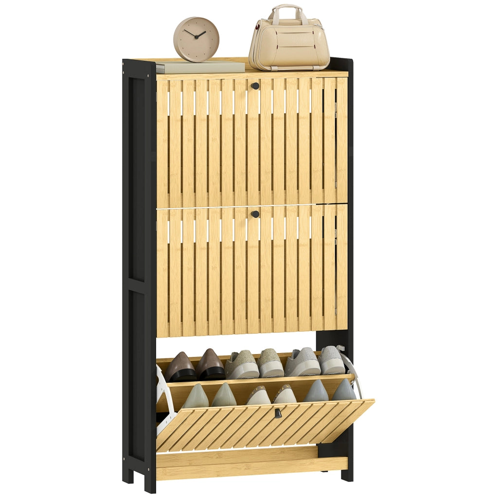 Scarpiera con cassetti e ante in bamb¨´ ¨C Zephmum ¨C Nero e legno naturale 60x24x118cm