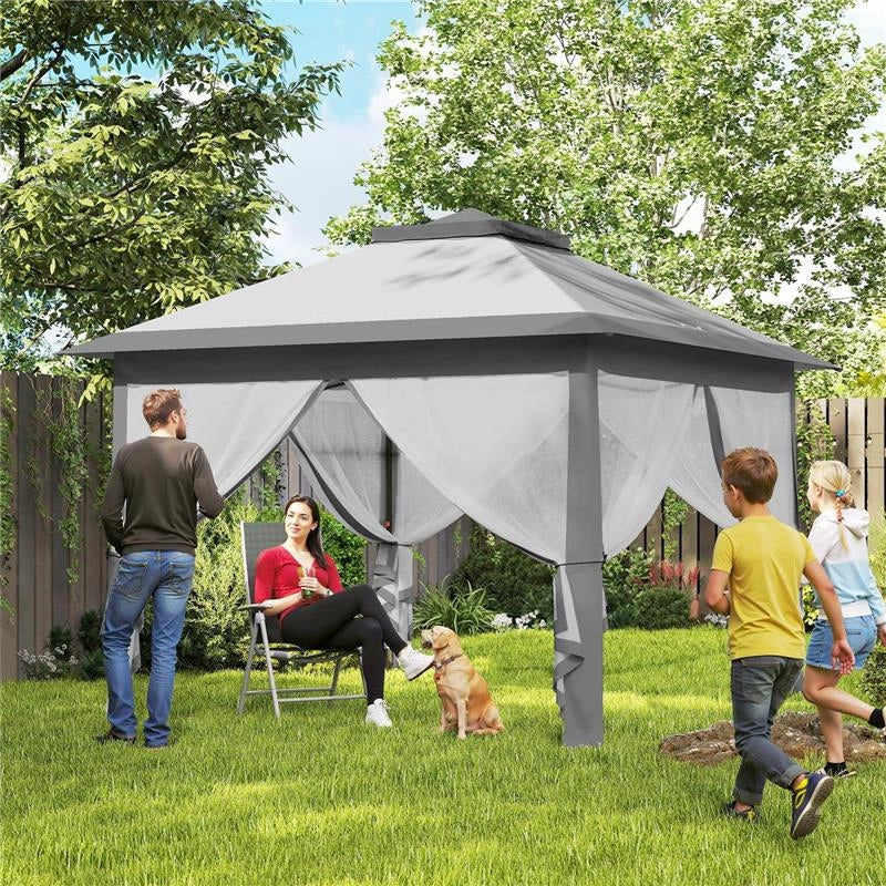 GAZEBO DA ESTERNO PIEGHEVOLE AD ALTEZZA REGOLABILE CON ZANZARIERE, 3.3X3.3X2.8 M, GRIGIO