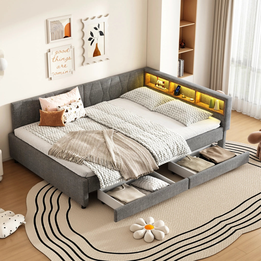 OKWISH Letto a Divano 140×200 cm, Letto Matrimoniale con 2 Cassetti, USB, Tipo C e LED Regolabile, senza Materasso, in Lino, Grigio