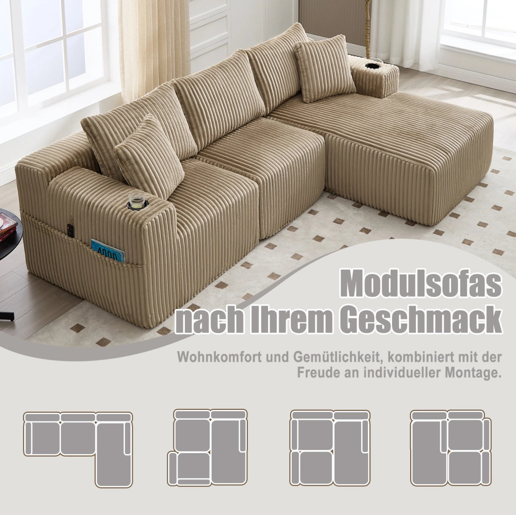 Divano modulare con chaise longue, 2 posti e 5 cuscini