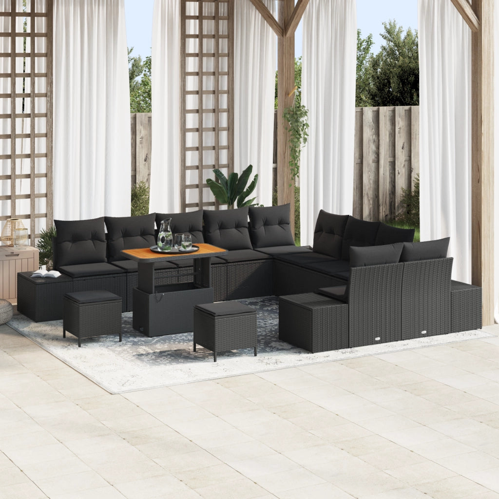 Set Divano da Giardino da 13 pezzi con Cuscini Nero Polyrattan Acacia