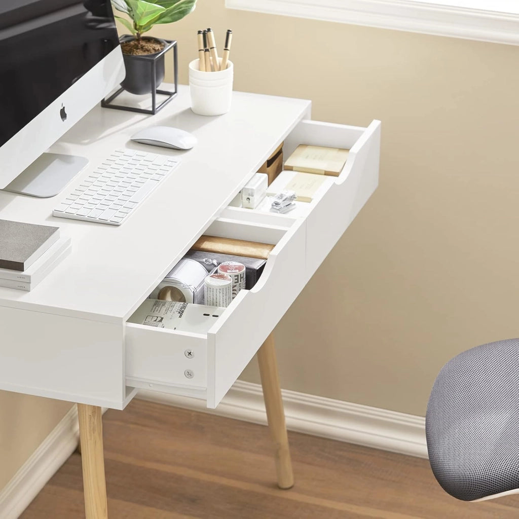 Scrivania con 2 cassetti, Gambe in Legno di Pino, Scrivania Ufficio Compatta, Tavolo da Lavoro per Studio Cameretta e Camera da Letto, L90*P45*A77cm, FWT40-WN