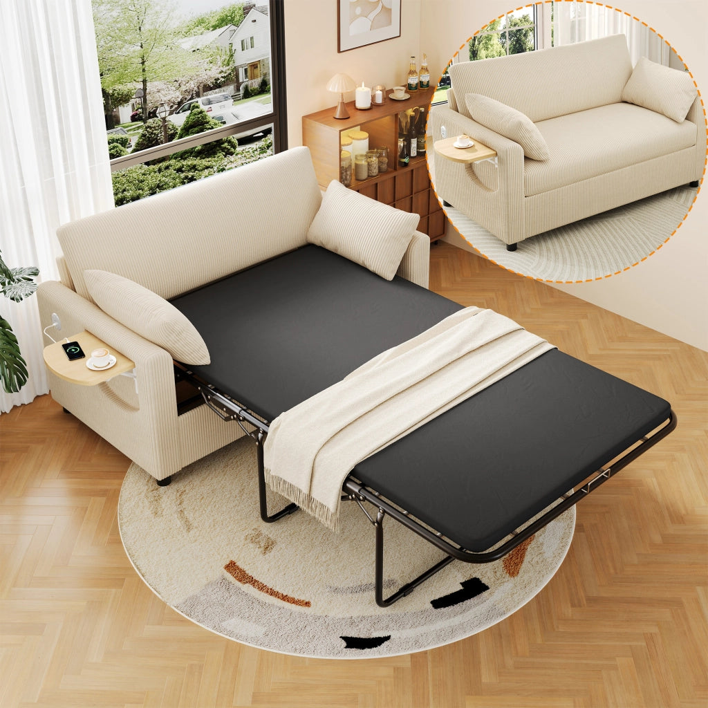 Divano letto 2 posti estraibile con USB; tavolino pieghevole e cuscini; beige