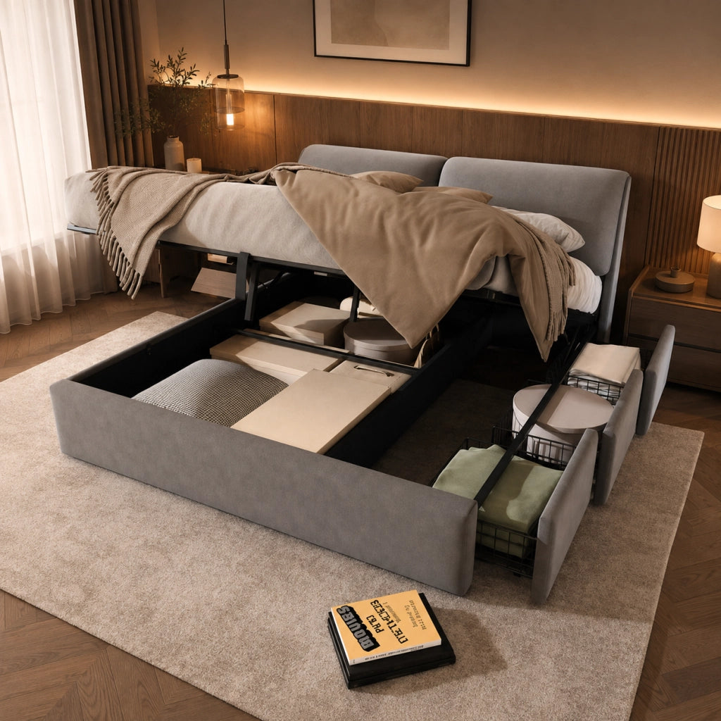 Letto contenitore 160x200 cm; letto matrimoniale con contenitore idraulico; 3 cassetti; rete a doghe e testiera; velluto; grigio