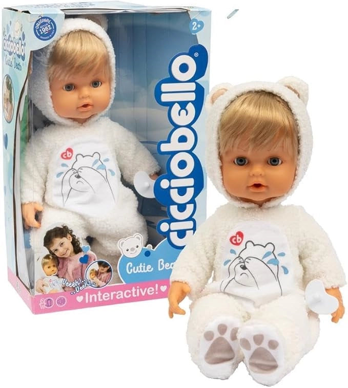 Cicciobello - Cutie Bear Bambola Interattiva Con Funzione Pianto E Tutina Bianca Ad Orsetto, Alta 42 Cm, Smette Di Piang