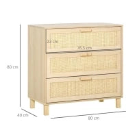 Cassettiera a 3 Cassetti in Legno e Rattan Stile Boho Chic, 80x40x80cm