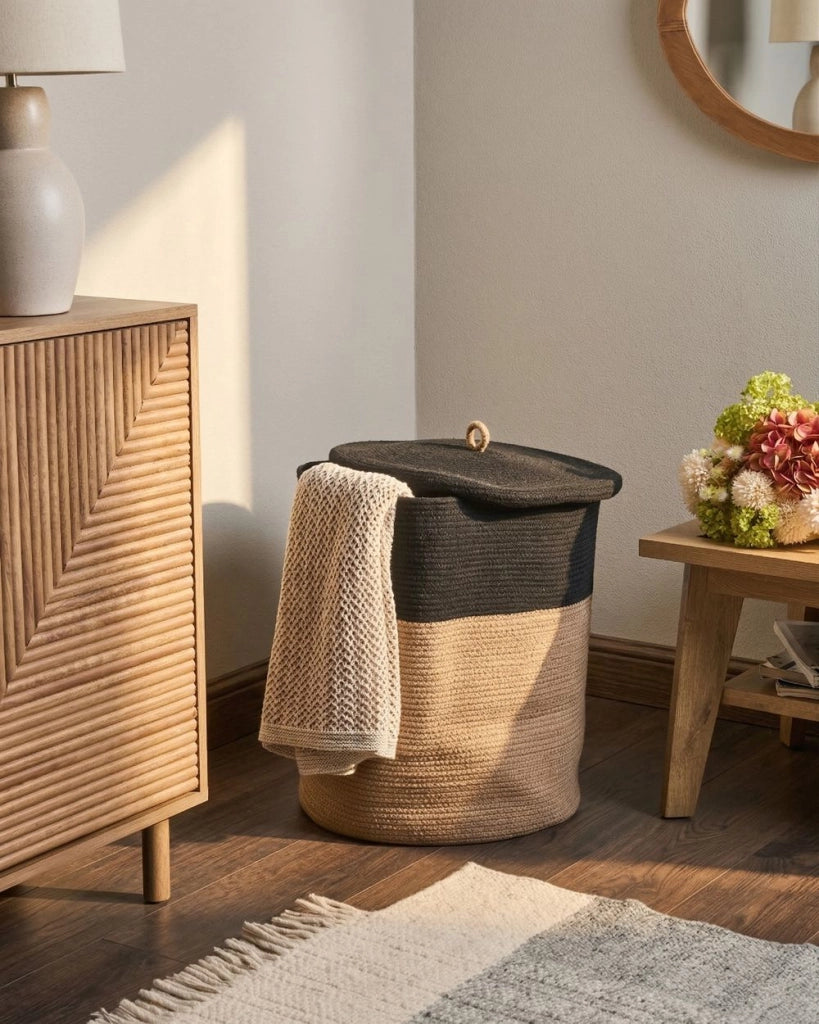 Cestino in tessuto di cotone bianco sporco con accessori per la conservazione del coperchio boho