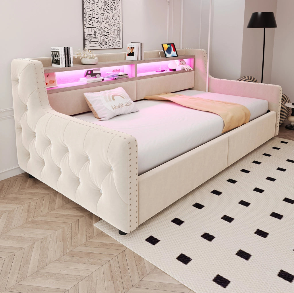 Divano letto imbottito 90x200 cm in velluto beige; LED; contenitore; USB e Type-C