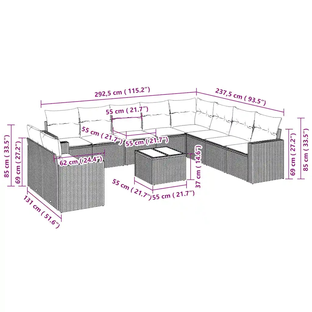 Set Divani da Giardino 11 pz con Cuscini in Polyrattan Grigio