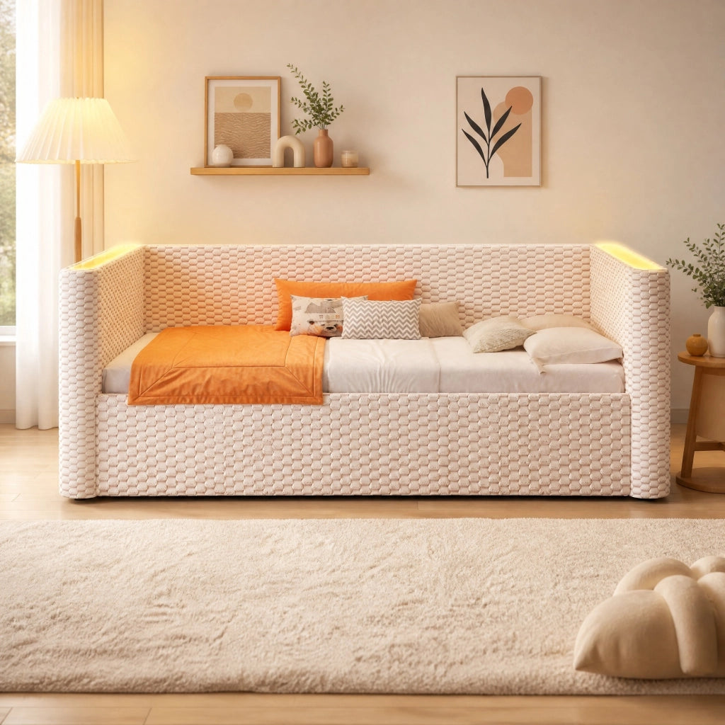 Divano letto daybed 90x200 cm in velluto beige con LED e contenitore idraulico